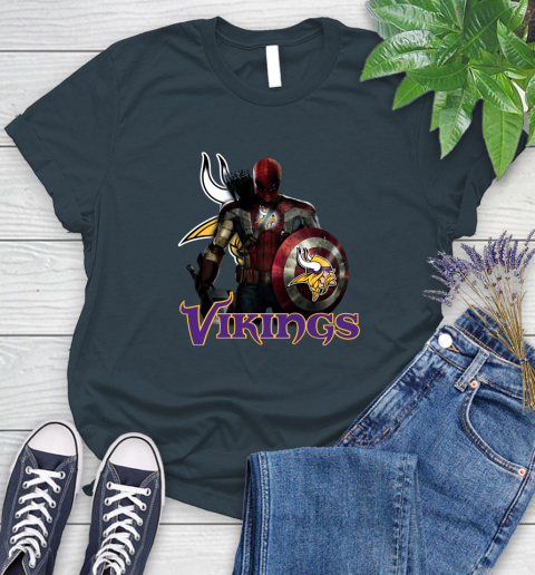 NFL Captain America Thor Spider Man Hawkeye Avengers Endgame Football Minnesota Vikings Women's T-Shirt 8