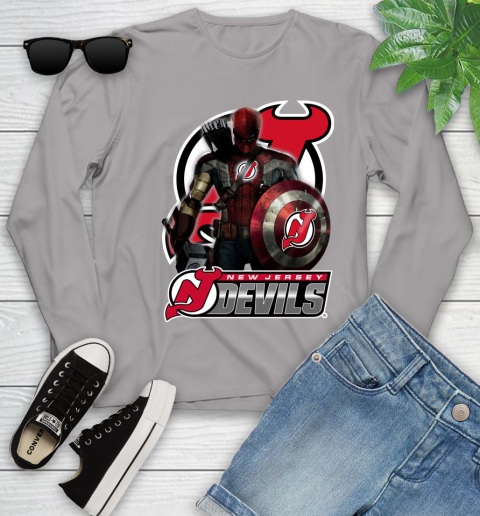 NHL Captain America Thor Spider Man Hawkeye Avengers Endgame Hockey New Jersey Devils Youth Long Sleeve 5
