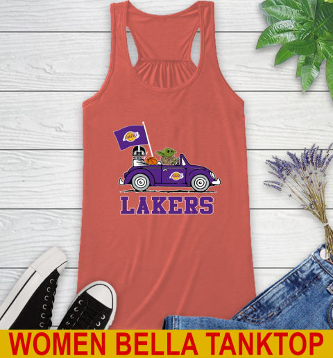 NBA Basketball Los Angeles Lakers Darth Vader Baby Yoda Driving Star Wars Shirt Racerback Tank 4