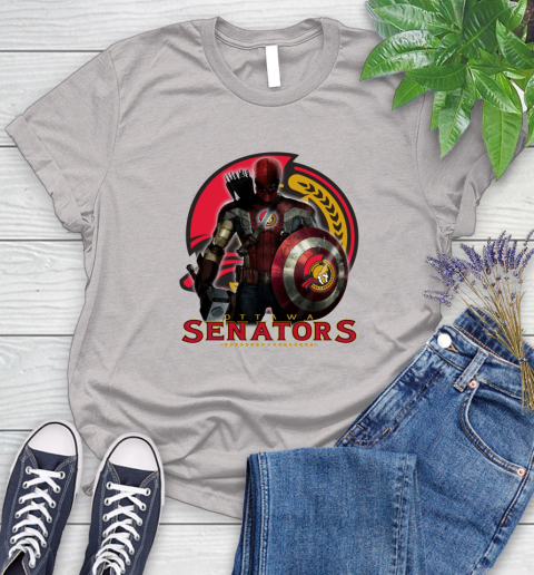 NHL Captain America Thor Spider Man Hawkeye Avengers Endgame Hockey Ottawa Senators Women's T-Shirt 10