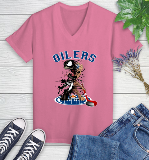 NHL Edmonton Oilers Hockey Venom Groot Guardians Of The Galaxy Women's V-Neck T-Shirt 13