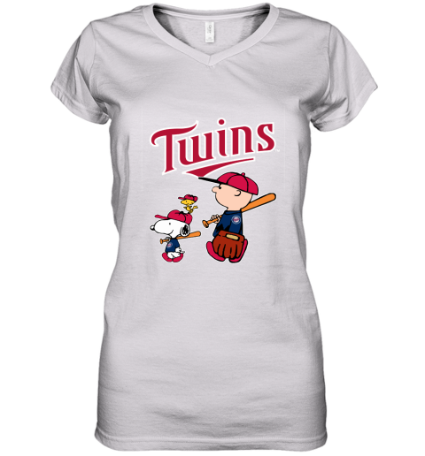 Minnesota Twins Let's Play Baseball Together Snoopy MLB Women's V-Neck T-Shirt