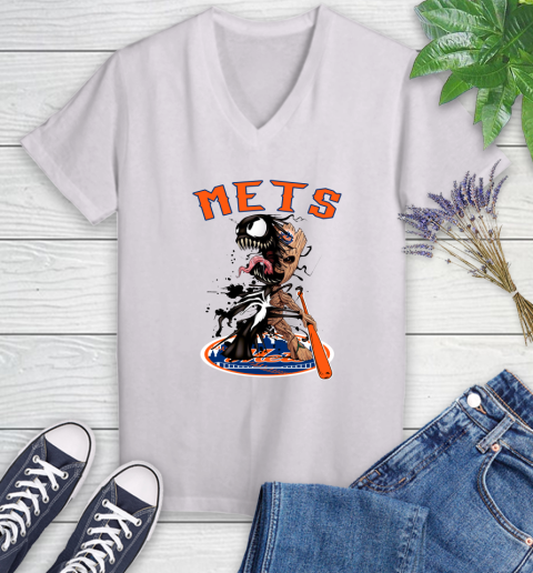 MLB New York Mets Baseball Venom Groot Guardians Of The Galaxy Women's V-Neck T-Shirt