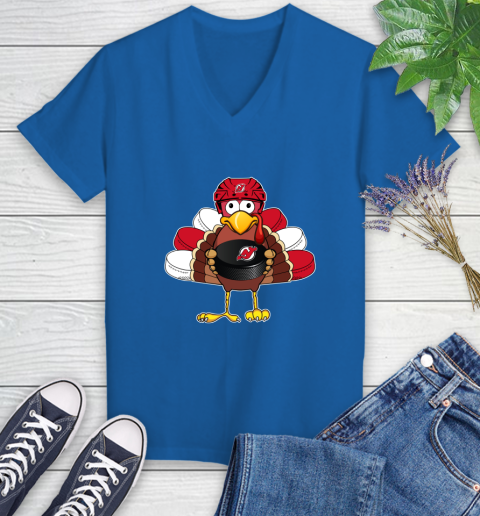 New Jersey Devils Turkey Thanksgiving Day Women's V-Neck T-Shirt 10