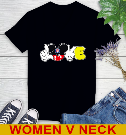 Chicago Cubs MLB Baseball Love Mickey Disney Sports Women's V-Neck T-Shirt 2