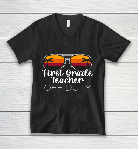 1st Grade Teacher Off Duty Sunglasses Beach Sunset V-Neck T-Shirt