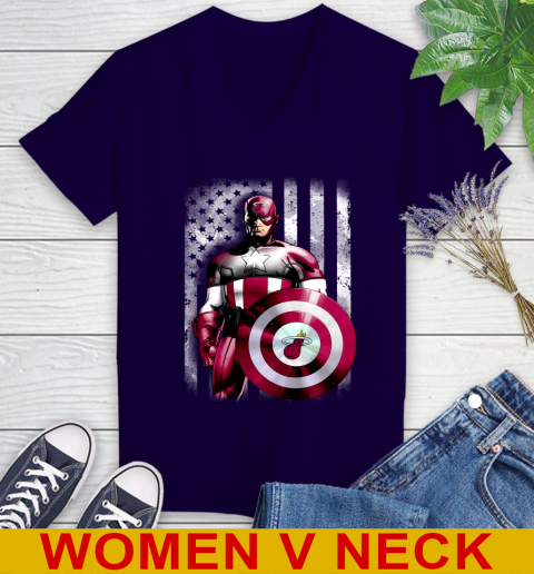 Miami Heat NBA Basketball Captain America Marvel Avengers American Flag Shirt Women's V-Neck T-Shirt 3