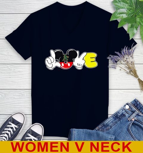 Oakland Athletics MLB Baseball Love Mickey Disney Sports Women's V-Neck T-Shirt 3