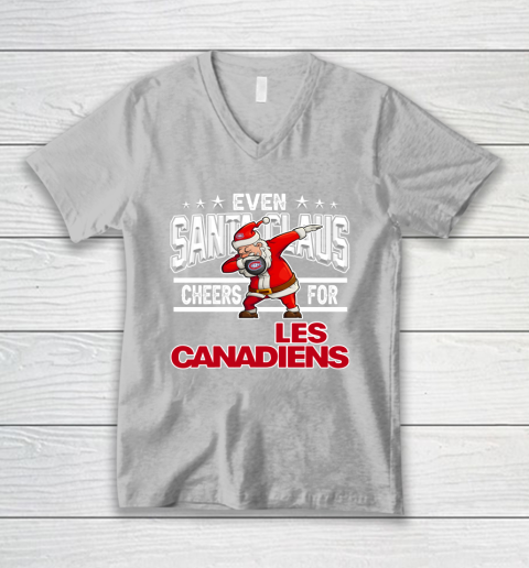 Montreal Canadiens Even Santa Claus Cheers For Christmas NHL V-Neck T-Shirt 3