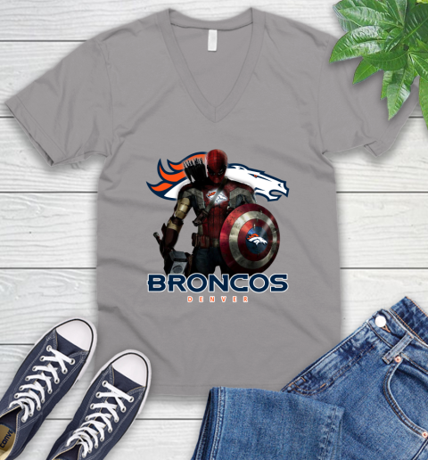 NFL Captain America Thor Spider Man Hawkeye Avengers Endgame Football Denver Broncos V-Neck T-Shirt 4