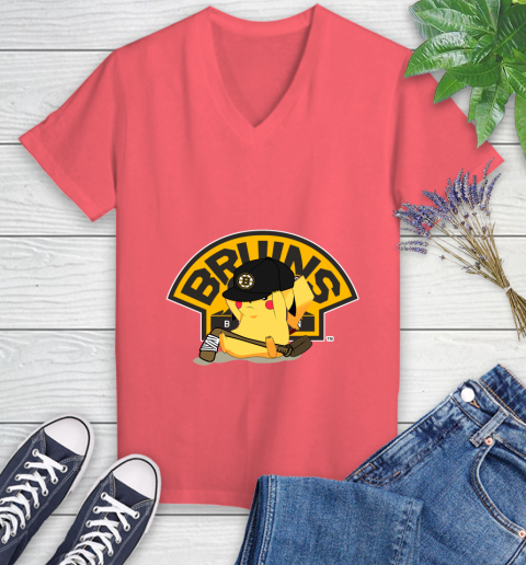NHL Pikachu Hockey Sports Boston Bruins Women's V-Neck T-Shirt 6