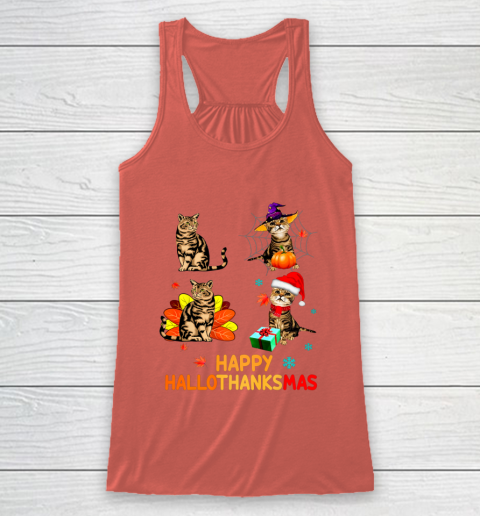 Cat Halloween Thanksgiving Christmas Happy Hallothanksmas Racerback Tank 3