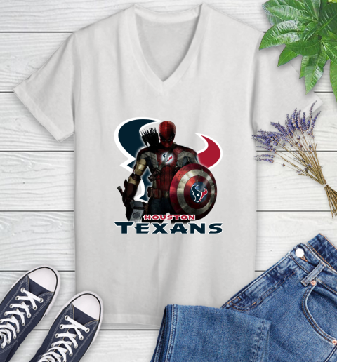 NFL Captain America Thor Spider Man Hawkeye Avengers Endgame Football Houston Texans Women's V-Neck T-Shirt