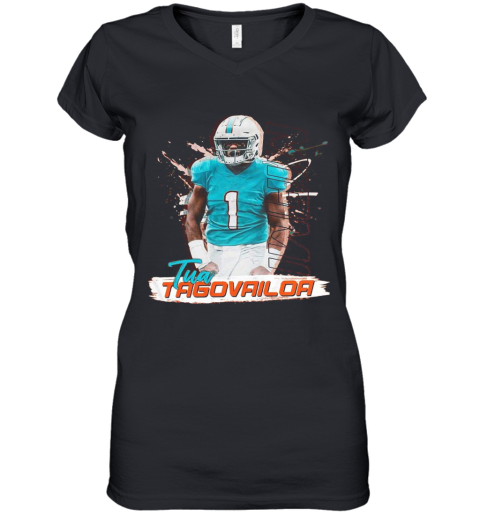 1 Tua Tagovailoa Miami Dolphins Football Women's V-Neck T-Shirt