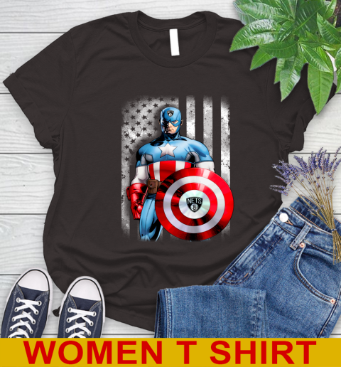Brooklyn Nets NBA Basketball Captain America Marvel Avengers American Flag Shirt Women's T-Shirt 9