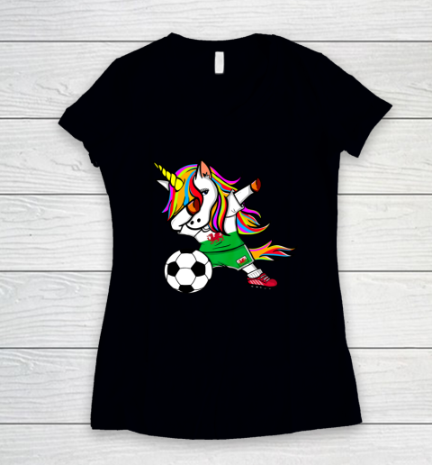 Funny Dabbing Unicorn Wales Football Welsh Flag Soccer Women's V-Neck T-Shirt
