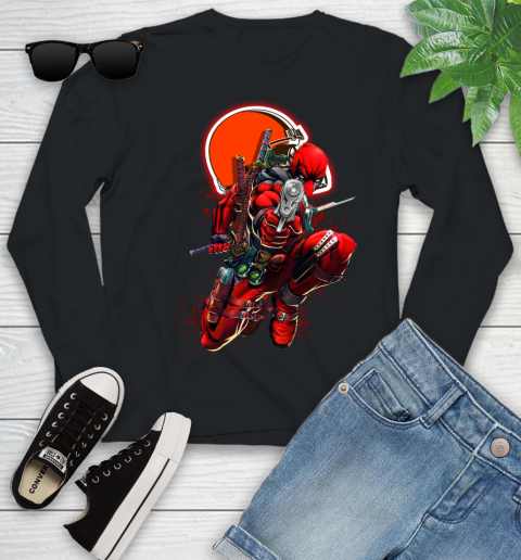NFL Deadpool Marvel Comics Sports Football Cleveland Browns Youth Long Sleeve 2