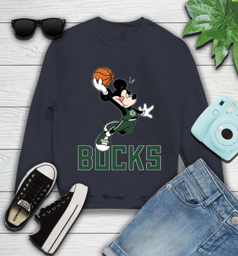 NBA Basketball Milwaukee Bucks Cheerful Mickey Mouse Shirt Youth Sweatshirt 3