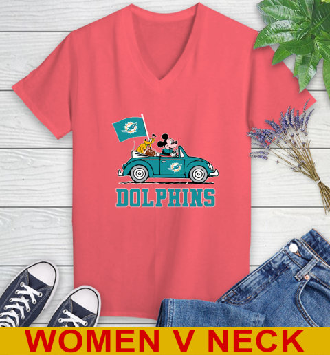 NFL Football Miami Dolphins Pluto Mickey Driving Disney Shirt Women's V-Neck T-Shirt 7