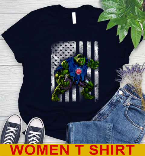 Detroit Pistons Hulk Marvel Avengers NBA Basketball American Flag Women's T-Shirt 2