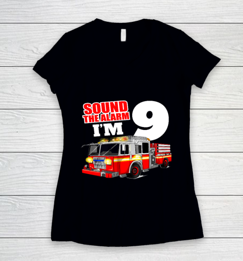 Kids Fire Truck 9th Birthday T Shirt Boy Firefighter 9 Years Old Women's V-Neck T-Shirt