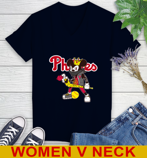 Philadelphia Phillies MLB Baseball Mickey Peace Sign Sports Women's V-Neck T-Shirt 3