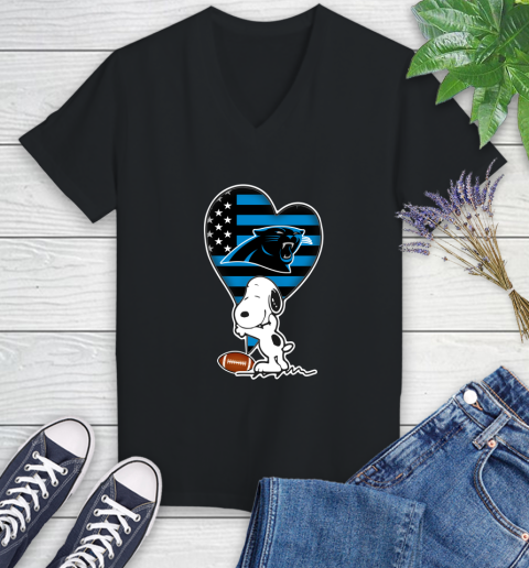 Carolina Panthers NFL Football The Peanuts Movie Adorable Snoopy Women's V-Neck T-Shirt 2