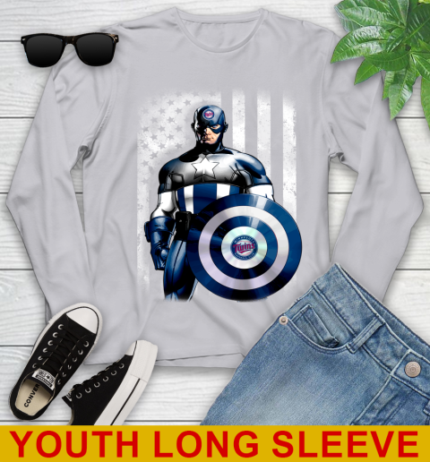 Minnesota Twins MLB Baseball Captain America Marvel Avengers American Flag Shirt Youth Long Sleeve 5