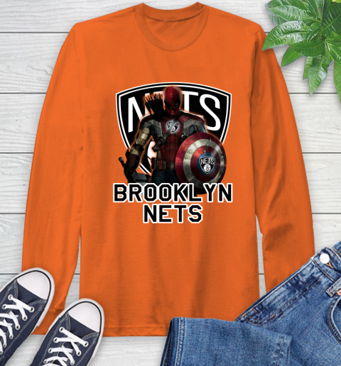 Brooklyn Nets NBA Basketball Captain America Thor Spider Man Hawkeye Avengers Long Sleeve T-Shirt 5