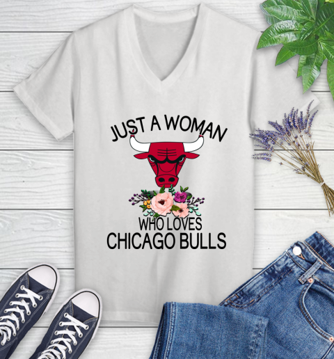 NBA Just A Woman Who Loves Chicago Bulls Basketball Sports Women's V-Neck T-Shirt