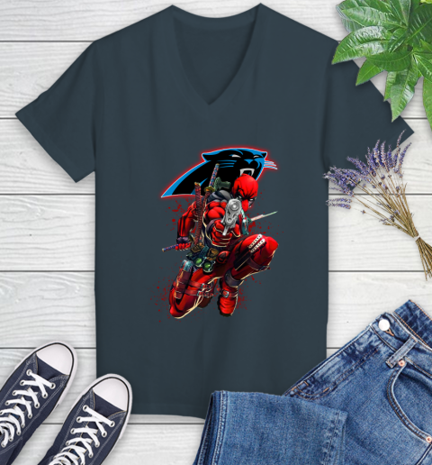 NFL Deadpool Marvel Comics Sports Football Carolina Panthers Women's V-Neck T-Shirt 8