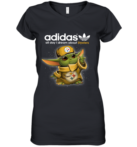 Baby Yoda Adidas All Day I Dream About Pittsburg Steelers Women's V-Neck T-Shirt