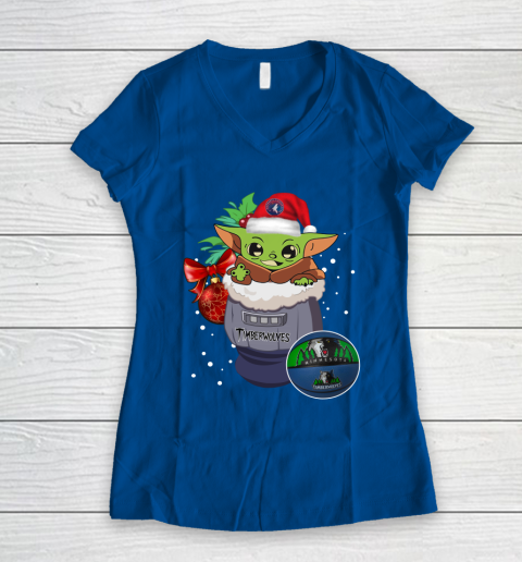 Minnesota Timberwolves Christmas Baby Yoda Star Wars Funny Happy NBA Women's V-Neck T-Shirt 9