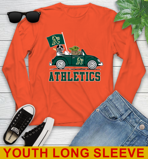 MLB Baseball Oakland Athletics Darth Vader Baby Yoda Driving Star Wars Shirt Youth Long Sleeve - Image 5