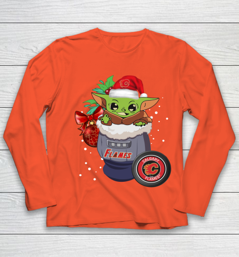 Calgary Flames Christmas Baby Yoda Star Wars Funny Happy NHL Youth Long Sleeve 4