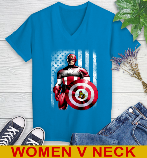 Ottawa Senators NHL Hockey Captain America Marvel Avengers American Flag Shirt Women's V-Neck T-Shirt 7
