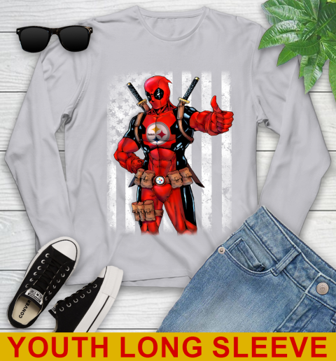 NFL Football Pittsburgh Steelers Deadpool American Flag Shirt Youth Long Sleeve 5