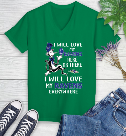NFL Football Baltimore Ravens I Will Love My Ravens Everywhere Dr Seuss Shirt Women's V-Neck T-Shirt 4