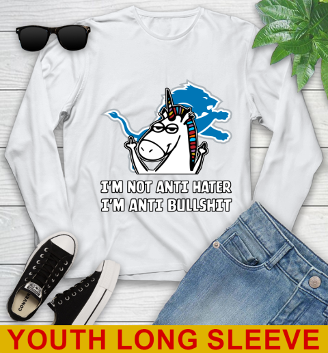 Detroit Lions NFL Football Unicorn I'm Not Anti Hater I'm Anti Bullshit Youth Long Sleeve