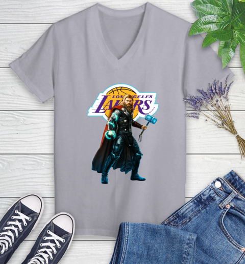 NBA Thor Avengers Endgame Basketball Los Angeles Lakers Women's V-Neck T-Shirt 4