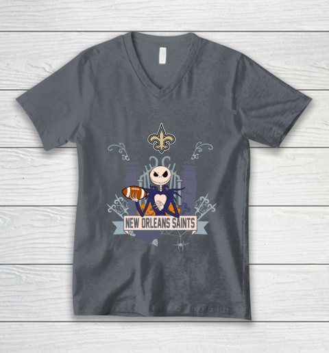 NFL New Orleans Saints Football Jack Skellington Halloween V-Neck T-Shirt 4