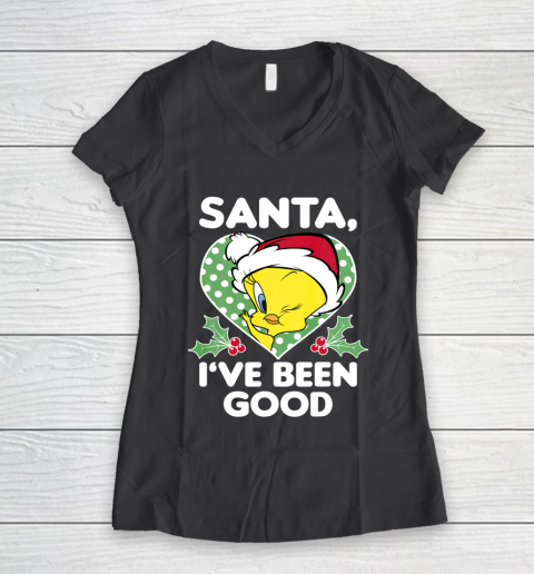 Looney Tunes Christmas Tweety Bird Santa I ve Been Good Women's V-Neck T-Shirt 6