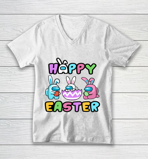 Bunny Kinda Sus Among Sus Us Cute Eggs Happy Easter Day V-Neck T-Shirt