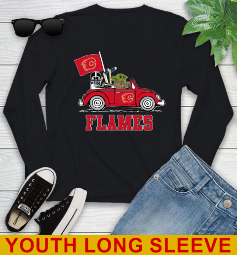 NHL Hockey Calgary Flames Darth Vader Baby Yoda Driving Star Wars Shirt Youth Long Sleeve 2