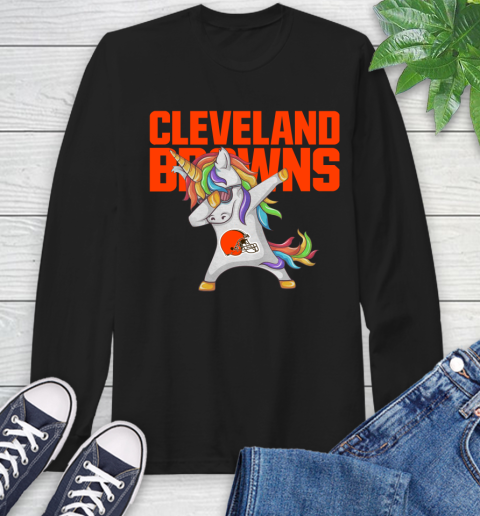 Cleveland Browns NFL Football Funny Unicorn Dabbing Sports Long Sleeve T-Shirt 2