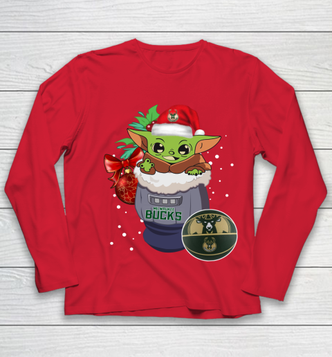 Milwaukee Bucks Christmas Baby Yoda Star Wars Funny Happy NBA Youth Long Sleeve 10