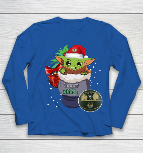 Milwaukee Bucks Christmas Baby Yoda Star Wars Funny Happy NBA Youth Long Sleeve 9