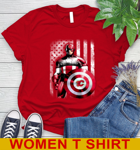 Calgary Flames NHL Hockey Captain America Marvel Avengers American Flag Shirt Women's T-Shirt 11