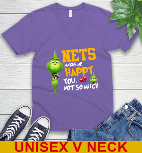 NBA Brooklyn Nets Makes Me Happy You Not So Much Grinch Basketball Sports V-Neck T-Shirt 8