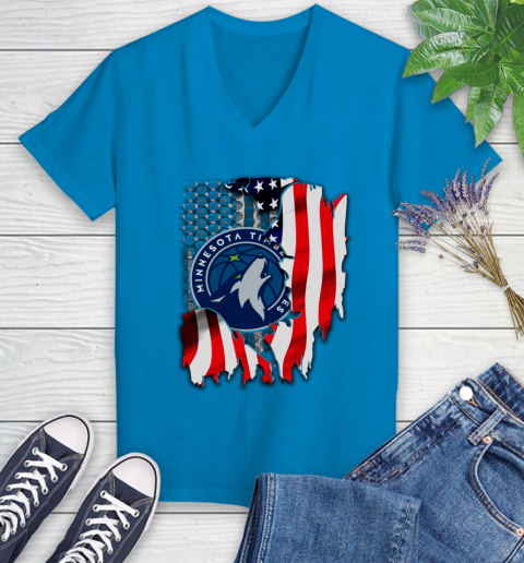 Minnesota Timberwolves NBA Basketball American Flag Women's V-Neck T-Shirt 7